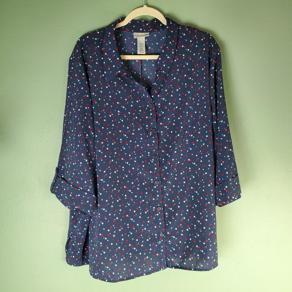 Catherines Womens Navy Blue Star Lightweight Button Up Tunic Blouse Size 3XWP